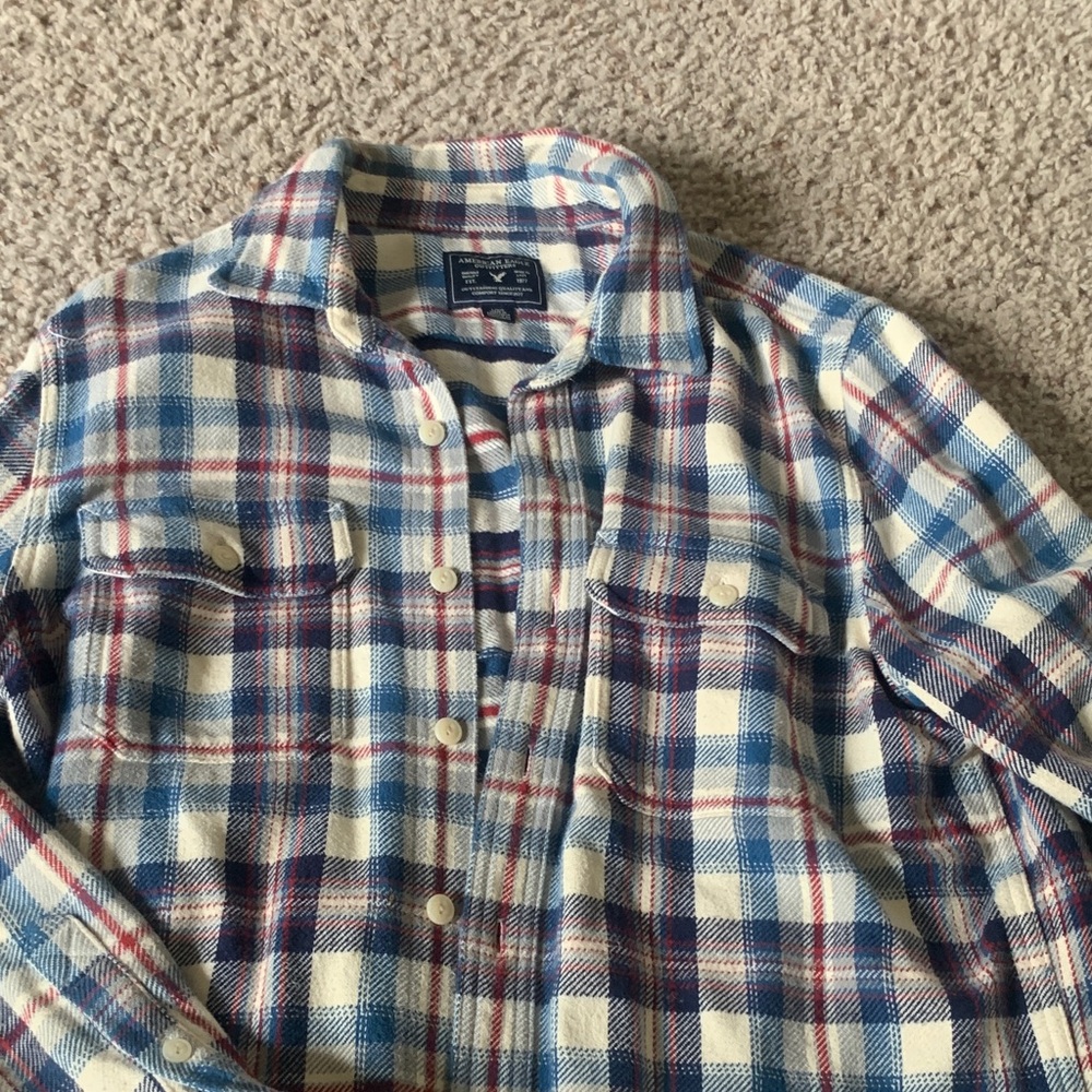 American Eagle Cream, Blue & Red Plaid Flannel Shirt